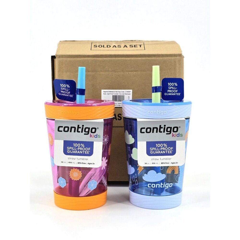 Contigo Kid's 14 Spill-Proof Tumbler Cup with Straw 2-Pack- Wildflowers/Clouds - Picture 4 of 4
